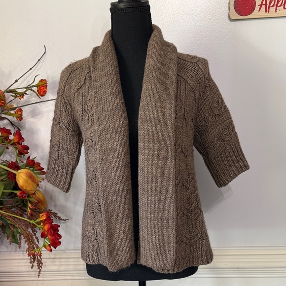 LOFT Brown 25% Alpaca Hand knit Look Open Front Knit Cardigan Sweater S - Picture 1 of 5